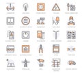 Electricity engineering vector flat line icons. Electrical equipment, power socket, torn cable, energy meter, lamp