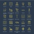 Electricity engineering vector flat line icons. Electrical equipment, power socket, torn wire, energy meter, lamp