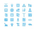 Electricity engineering vector flat line icons. Electrical equipment, power socket, torn wire, energy meter, lamp Royalty Free Stock Photo