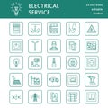 Electricity engineering vector flat line icons. Electrical equipment, power socket, torn wire, energy meter, lamp Royalty Free Stock Photo