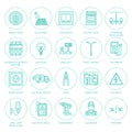 Electricity engineering vector flat line icons. Electrical equipment, power socket, torn wire, energy meter, lamp Royalty Free Stock Photo