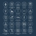 Electricity engineering vector flat line icons. Electrical equipment, power socket, torn wire, energy meter, lamp Royalty Free Stock Photo