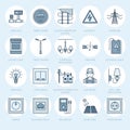 Electricity engineering vector flat line icons. Electrical equipment, power socket, torn wire, energy meter, lamp