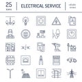 Electricity engineering vector flat line icons.