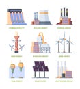 Electricity factory. Industrial plants buildings hydro systems electricity station garish vector flat templates