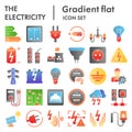 Electricity flat icon set, power symbols collection, vector sketches, logo illustrations, electrician energy signs color