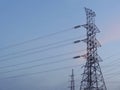 Electricity high voltage pole Pylon tower station against blue sky Royalty Free Stock Photo