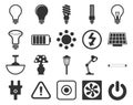 Electricity icons set. Set of light bulbs, lamps, socket, electric plug, socket, american socket, switch, extension cord, led Royalty Free Stock Photo