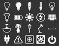 Electricity icons set. Set of light bulbs, lamps, socket, electric plug, socket, switch, extension cord, fluorescent lamp, electri