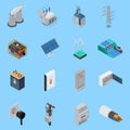 Electricity isometric icons set with cable solar panels wind hydro power generators transformer socket isolated Royalty Free Stock Photo