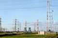 Electric pole and wire against the blue sky. Power lines in Israel close-up. electricity in israel Royalty Free Stock Photo