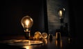 Electricity light bulb in dark. Lamp glowing with electric technology. Generative AI