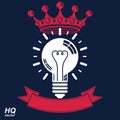 Electricity light bulb symbol with crown, insight emblem. Vector