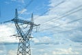 electricity lines on blue sky background. high-voltage power lines on transmission tower, energy voltage, electric tower Royalty Free Stock Photo