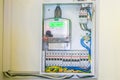 The electricity meter is in the electrical box. Electric cabinet with wires and circuit breakers. Electricity counter coupled to Royalty Free Stock Photo