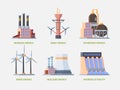 Electricity plant. Power hydro energy industrial building electricity factory station garish vector flat pictures set Royalty Free Stock Photo