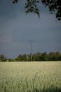 Electricity pole in the middle of crop farm field with summer storm clouds above in SkÃÂ¥ne Sweden Royalty Free Stock Photo