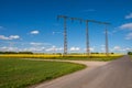 Electricity poles runs through a big farm field of blooming yellow rapeseed canola in flat farmlands of SkÃÂ¥ne Sweden