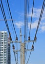 Electricity post and cable line with blue sky Royalty Free Stock Photo