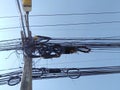 Electricity post with many wires and cables in the countryside of Thailand. Royalty Free Stock Photo