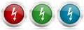 Electricity, power, energy vector icon set. Red, blue and green silver metallic web buttons with chrome border Royalty Free Stock Photo