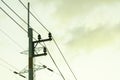 Electricity power transmission line on sunrise Royalty Free Stock Photo