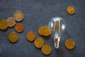 electricity prices in Europe.Saving electricity concept.Electricity cost.Light bulb and euro coins on black chalk board