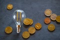 electricity prices in Europe.Saving electricity concept.Electricity cost.Light bulb and euro coins on chalk board.Crisis