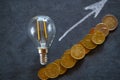 electricity prices in Europe.Saving electricity.Electricity cost.Light bulb and euro coins on black chalk board.Crisis
