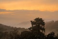 Electricity pylon with beautiful rainforest mountain layers and orange clouds and fogs in the background during sunrise Royalty Free Stock Photo