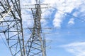 Electricity pylon - cloudy sky - low angle view Royalty Free Stock Photo