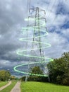 Electricity pylon with electric spiral overlay