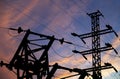 Electricity pylon high voltage power line against the background of a romantic evening sky Royalty Free Stock Photo