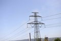 Electricity pylon overhead power line transmission tower Royalty Free Stock Photo