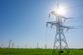 An electricity pylon with the sun behind it Royalty Free Stock Photo