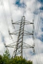 Electricity pylons against a blue and white sky. Large grey pylon, National Grid Royalty Free Stock Photo