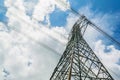 Electricity pylons with blue sky and white clouds. High voltage grid tower with wire cable at distribution station. High voltage Royalty Free Stock Photo