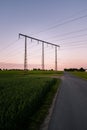 Electricity pylons close to a rural road with green crops growing during summer sunset in SkÃÂ¥ne Scania, Sweden