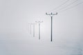 Electricity pylons from distribution power station in foggy winter freeze Royalty Free Stock Photo