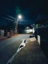 Electricity pylons at night with white lights illuminating the street