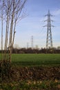 Electricity pylons and over head cables in the middle of a field framed by bare trees in the italian countryside