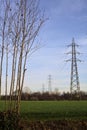 Electricity pylons and over head cables in the middle of a field framed by bare trees in the italian countryside