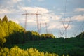 Electricity pylons, power lines and trees silhouetted against a Royalty Free Stock Photo