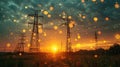 Electricity Pylons Silhouetted Against a Vibrant Sunset with Floating Lights Royalty Free Stock Photo