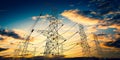 Electricity pylons, sunset sky in background - 3D illustration Royalty Free Stock Photo