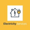 Electricity repair and maintenance, house with high voltage arrow and plug