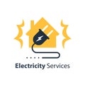 Electricity repair and maintenance services, house and plug with wire Royalty Free Stock Photo