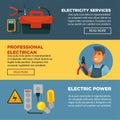 Electricity repair service or professional electrician web banners flat template design. Royalty Free Stock Photo