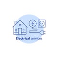 Electricity repair works, house electrical services, home improvement, vector stroke icon