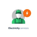 Electricity services, electrician icon, electrical repairman, technician person, maintenance engineer